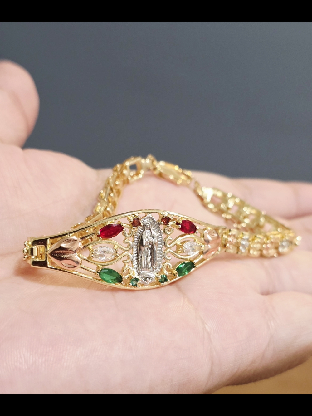 18k Gold Plated Tone Religious Bracelet with Red & Green Stones